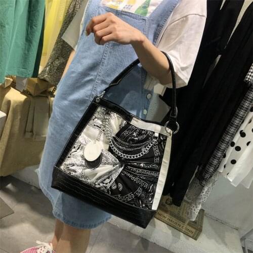 Women Bags Leather Patchwork Purse Shoulder Bags Girl Handbags Female Totes Braccialini Style Handmade Art Scarf Printing