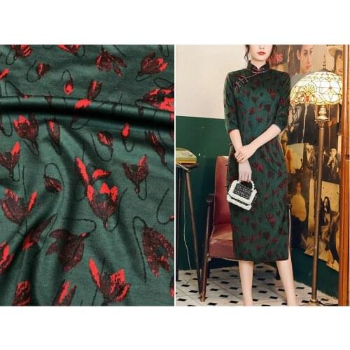 Autumn New Retro Green Background Magnolia Cheongsam Dress Cloth Mink Fur Stretch Knitted Fabric