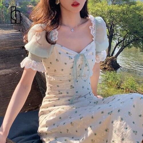 New Summer Chiffon Dress High Quality Sexy Short Puff Sleeve Vintage Patchwork Lace Midi Dress Vestidos 2021