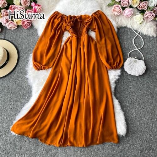 2021 autumn new women slash neck lantern sleeve ruffles chiffon dress female Chic elegant lace-up waist beach dresses