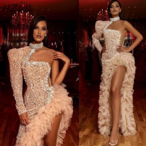 Sexy middle East Prom Dresses Long One Shoulder Beads Sequins Ruffles Sexy high Split Evening Dress Dubai Arabic Robe de soiree