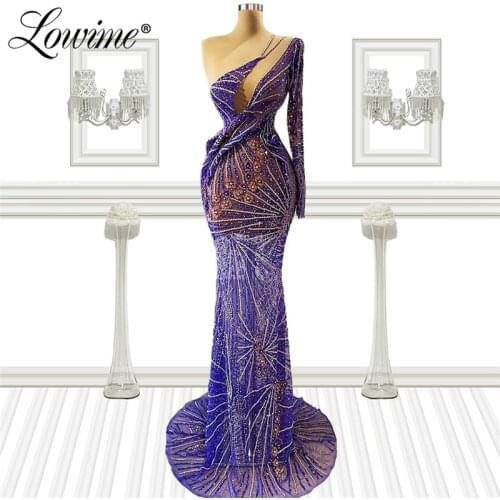 Dubai One Shoulder Purple Beading Crystals Evening Dresses 2021 Mermaid Women Party Wear Gowns Prom Dress Robe De Soiree