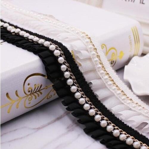 10Yards Gold Silver Wedding Dress Chain Chiffon Ruffle Lace Applique Beaded Pearl Trims Curtain Garment Decor Accessories