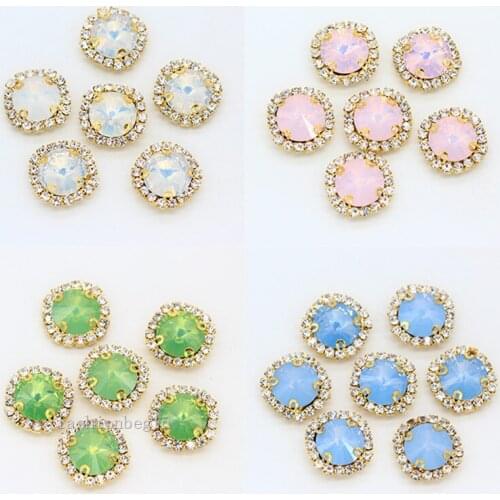 12p 12mm round opal color sew on crystal faceted glass stone sewing crystal diamante rhinestones jewels gold base Garment beads