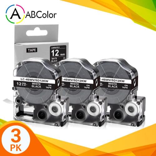 3PK 12mm SD12KW Label Tape Strong Adhesive LC-4BWV Tape White on Black For King Jim Epson LabelWorks LW-300 LW-400 Label Printer