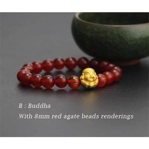 Pure 24K 999 Yellow 3D Gold Smile Buddha Luck Bead Red Agate 8mm Bracelet For Women Men Fashion 1-1.2g 12*13mm 2019 New