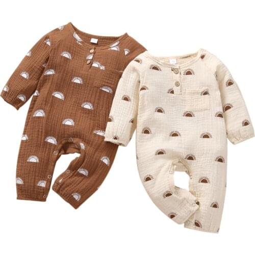 New Baby Girls Boys Button Jumpsuit, Toddlers Spring Autumn Creative Sun Printing Front Pocket Long Sleeve Round Collar Romper