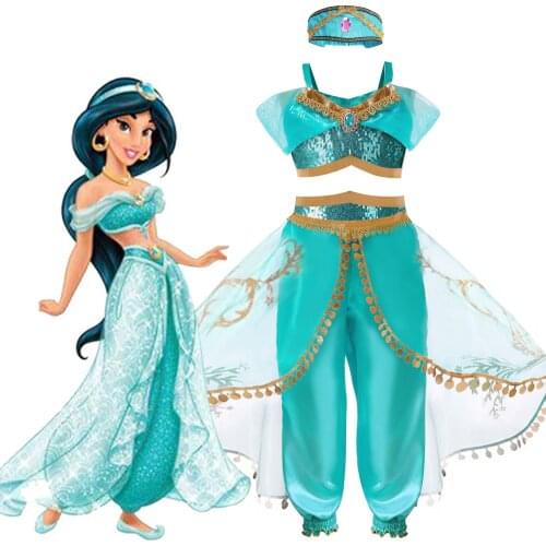 Disney Jasmine Princess Dress Jasmine Dress for Carnival Children Aladdin Lamp Fancy Outfit Girl Birthday Party Clothes 2 Packs