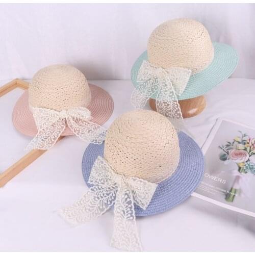 Toddler Kids Baby Princess Summer Woven Straw Sun Hat With Lace Ribbon Bow Floppy Wide Brim Sunscreen Beach Cap Gorros