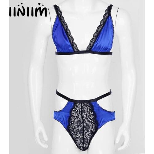 Iiniim Mens Satin Sissy Lingerie Set Costumes Lace Trimming Bra Tops with Jockstraps Pouch Briefs Hollow Out Panties Underwear