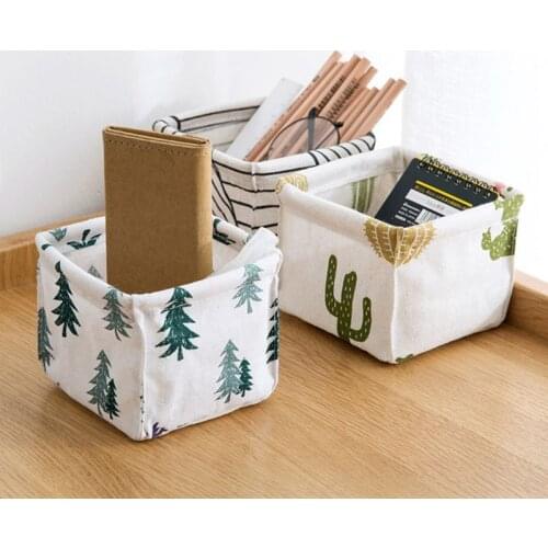 Small Cartoon Printing Desktop Storage Basket Makeup Lipstick Organizer Desk Box Cosmetic Stationery Cotton Linen