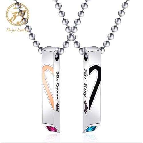 Zhijia Fashion Couple Necklaces Her King His Queen Pendants Stainless Steel Crystal Crown Heart Necklace for Women Men Jewelry