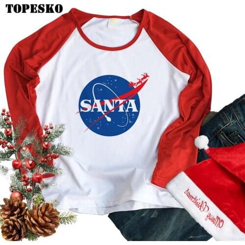TOPESKO Fashion Femme Christmas Tree Santa Claus Printed Autumn Tops Women Baseball Raglan Long Sleeve O Neck T-shirt