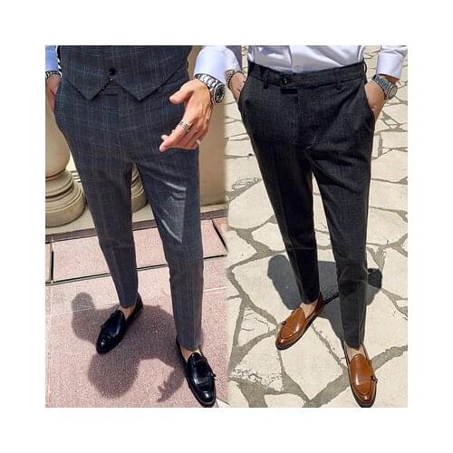 Dress Pants Men Formal Office Trousers for Men Grey Plaid Social Slim Fit Party Perfume Masculino Pantalon Costume Homme 2019