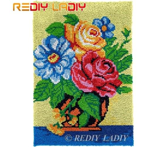 Latch Hook Kits Colorful Flowers Chunky Yarn Embroidery Crochet Tapestry Kits Needlework Arts & Crafts DIY Carpet Rug 58*87cm