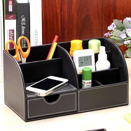 Desktop Office Storage Box Multi-purpose Leather Pen Holder School Home Office with Drawer Desktop Stationery Organizer Box