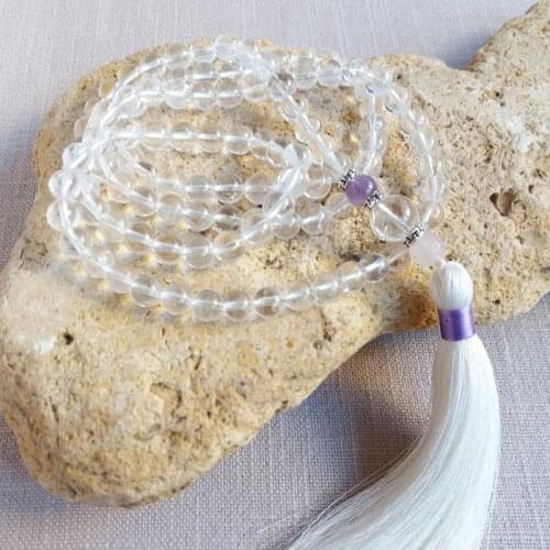Clear Q-uartz 108 Mala Beads Buddhist Meditation Necklace Prayer Beads Japa Mala Tassel Necklace Healing Jewelry Gift