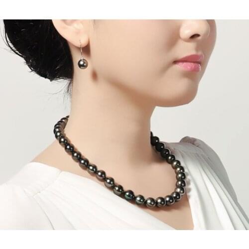 Free shipping stunning 10-11mmAAA black pearl necklace + earring 925s