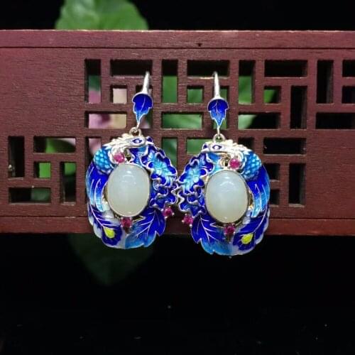 Natural Hetian yu earrings, shaped face modeling earrings, S925 silver inlay, with 4m yu