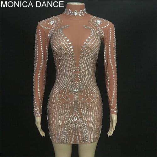 Bright Silver Rhinestones Transparent Sexy Dress Birthday Celebrate Mesh Stage Costume Wear Evening Dancer Singer Performance