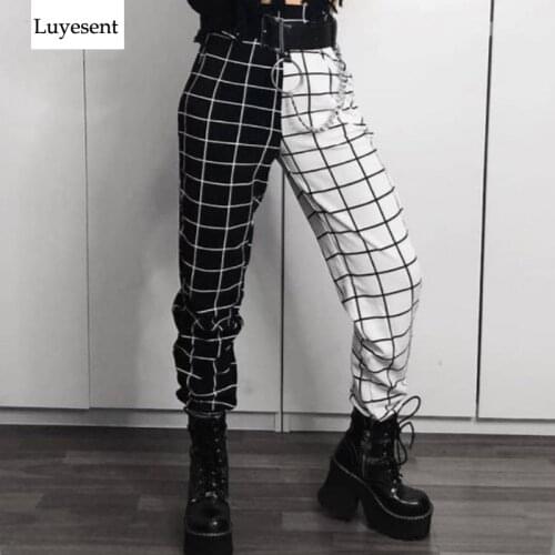 Woman Hipster Long Pants 2021 Lady Contrast Color Black White Plaid High Waist Punk Trousers Gothic Sport Hip-hop Casual Pant