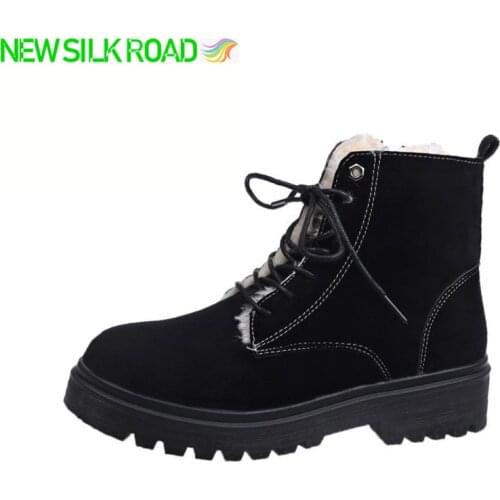 Retro Women Fur Snow Boots Winter Ladies Slip On Mid Heels Suede Marten Booties Plush Female Warm Ankle Combat Shoes Plus Size