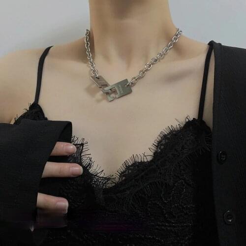 U-Magical Creative Stainless Steel Geometric Square Buckle Lock Necklace for Women Letter Chokers Chunky Chain Necklace Jewelry