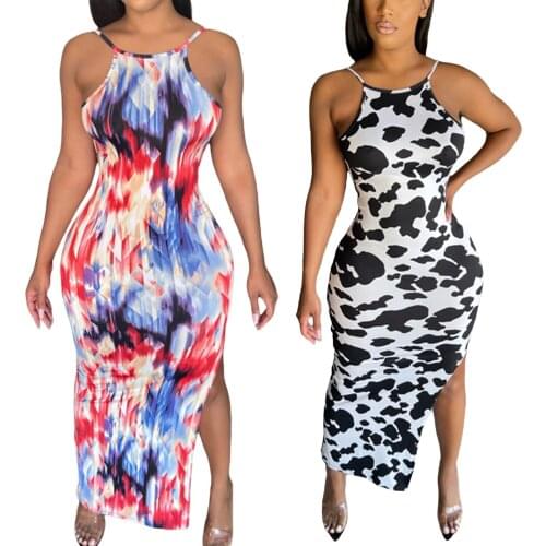 Women Close-fitting Slit Dress Printed Pattern Round Collar Sleeveless Black/ Multicolor