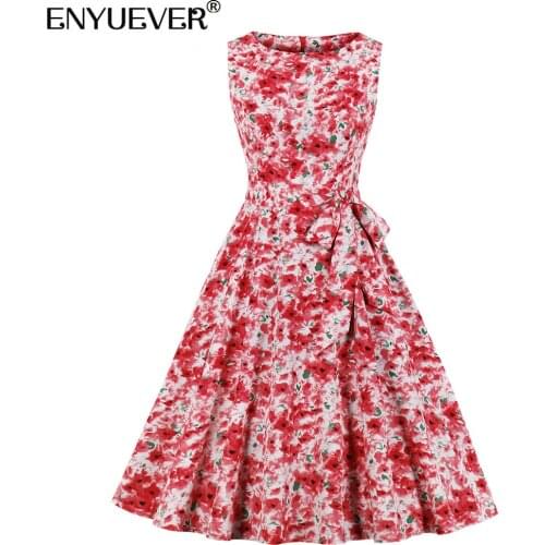 Enyuever Elegant Women Dress Summer Party Belt Robe Pin Up Swing Midi Floral Print 50s Vintage Dress Retro Clothes
