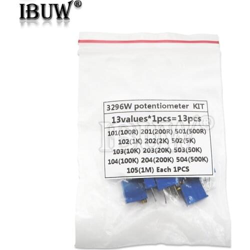 13kinds*1PCS=13PCS 3296W adjustable potentiometer Kit hjxrhgal contains 100R 200R 500R 1K 2K 5K 10K 20K 50K 100K 200K 1M