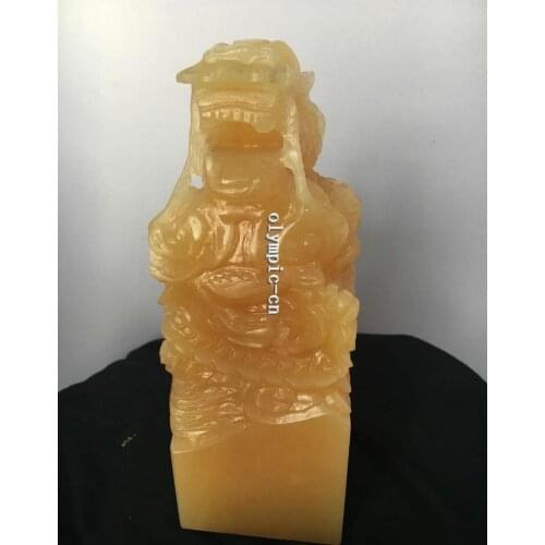 8'' Natural Yellow Jade carved auspicious beast Dragon seal signet statue