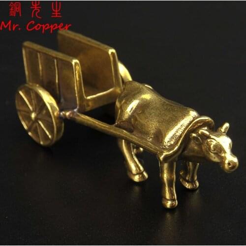 Antique Copper Ornaments Cattle Car Zodiac Animal Bull Cart Chinese Folk Craft Desktop Decoration Gift Creative Brass Home Decor