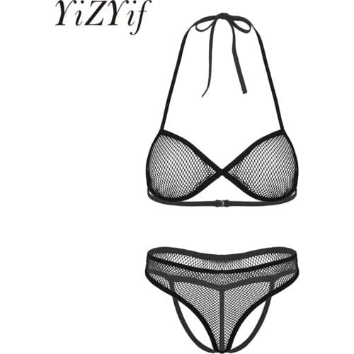Fishnet Bikinis Women Sexy Lingerie Set See Through Bikini Bra Top with High Waist Crotchless Open Butt G-string Thong Nightwear