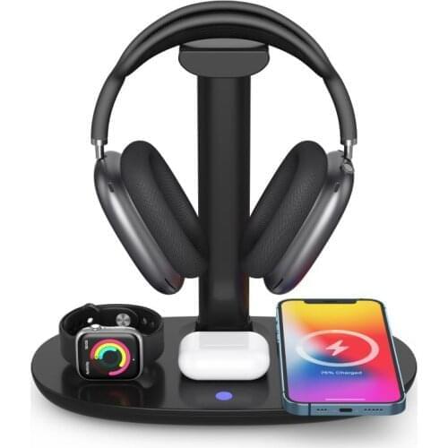 15W Qi Fast Wireless Charger Dock 4 in 1 Stand For Moble Phone For Apple Watch 6 5 4 3 2 Airpods Pro Hangable earphones