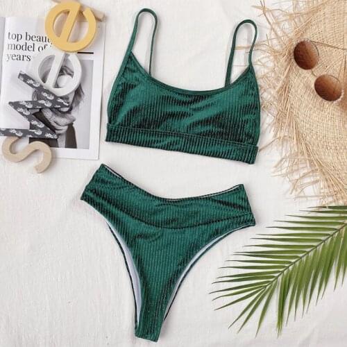 Women Bikini Female Swimsuit Split Bikini Solid Color High Waist Beach Sling Low-Cut Sequin Bikini swimming suit for women