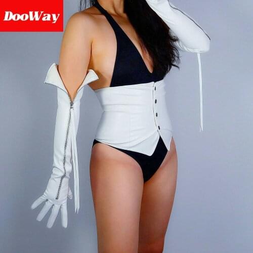 DooWay Women Opera Length Zipper Gloves Faux Leather Long Tassel White 24 inches