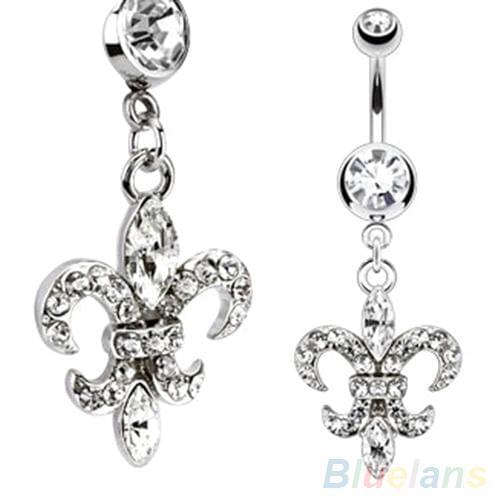 HOT SALES！！！New Arrival Sexy Fleur de Lis Pendant Rhinestone Dangle Navel Bar Belly Ring Body Jewelry Wholesale Dropshipping