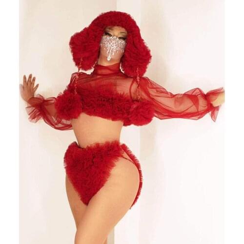 Fashion Red White Transparent Sleeve Bra Short Cap Outfit Bar Dance Show Prom Wear Women Dancer Singer DS Outfit Set