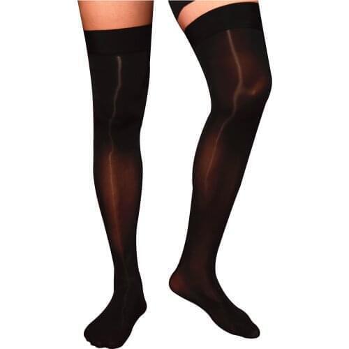 See-through Sexy Stockings Mens Erotic Lingeries for Sex Glossy Thin Shiny Solid Color Stockings Stretchy Sheer Thigh High Socks