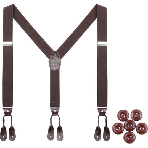Mens Fashion Button End Leather Suspenders Y-Back Heavy Duty Big Size Adjustable Elastic Trouser Braces Strap Belt Brown Color