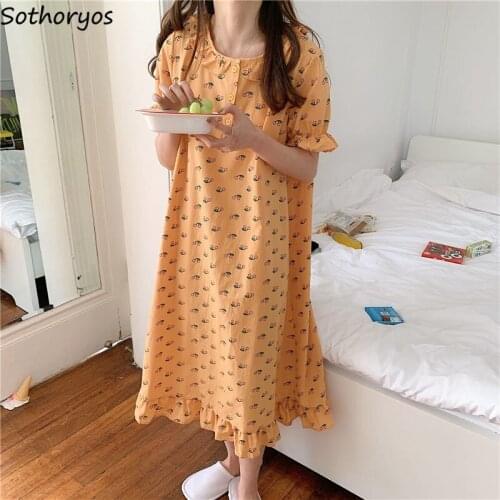 Summer Nightgowns Women Kawaii Ruffles Printed Short Puff Sleeve Night Dress Loose Simple Princess Korean Stylish O-neck Cozy