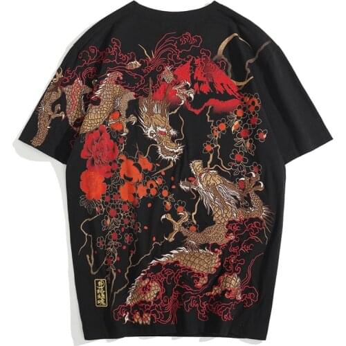 New Japanese tide brand embroidery Long Fu Shi painted Mount Fuji Yokosuka personality Chinese style short-sleeved T-shirt male