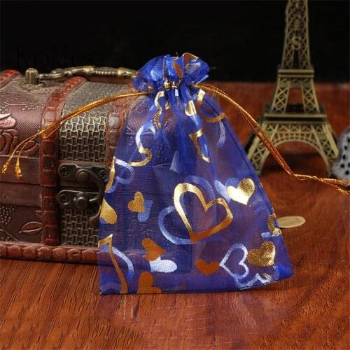 Wholesale 100pcs Royal Blue Organza Bags 17x23cm Hearts Design Wedding Favor Candy Boutique Packaging Bags Drawstring Gift Bag