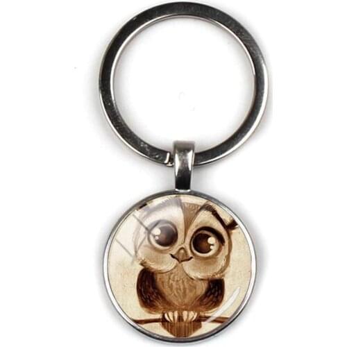 Popular cartoon cute owl pattern pendant keychain big eye cute bird retro animal picture glass round keyring party gift souvenir