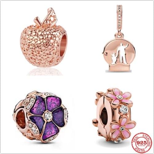 Neastamor Pink Daisy Spacer Clip Apple Charm Rose Gold Beads Fit Original Pandora Bracelet DIY Silver 925 For Women Jewelry
