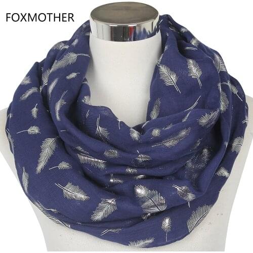 FOXMOTHER Free Shipping Fashion Womens White Navy Yellow Bronzing Foil Silver Feather Ring Scarves Neck Scarf Glitter Foulard