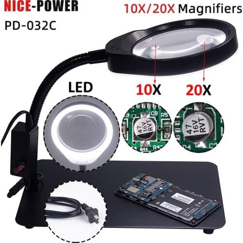 Magnifying glass with led lights 10/20X In 1 desk table loupe magnifier lamp for beauty salon embroidery