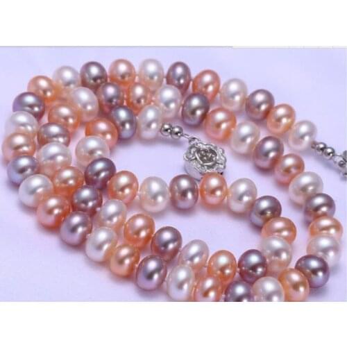 Gorgeous AAA 9-10mm freshwater round multicolor pearl necklace 18inch 925s