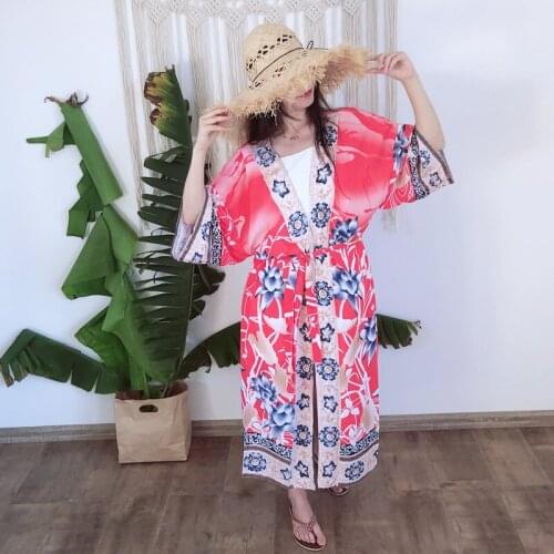 Vintage Flamingo Floral Prints Cardigan With Belt Japanese Vivid retro Romance Sash Kimono Long Trench Traditional Design Coats