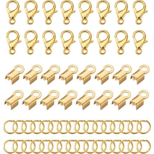 Lobster Clasp Hooks Gold Plated Metal Cord End Caps Leather Clip Jump Rings Connectors Jewelry Finding Kits 250pcs/box
